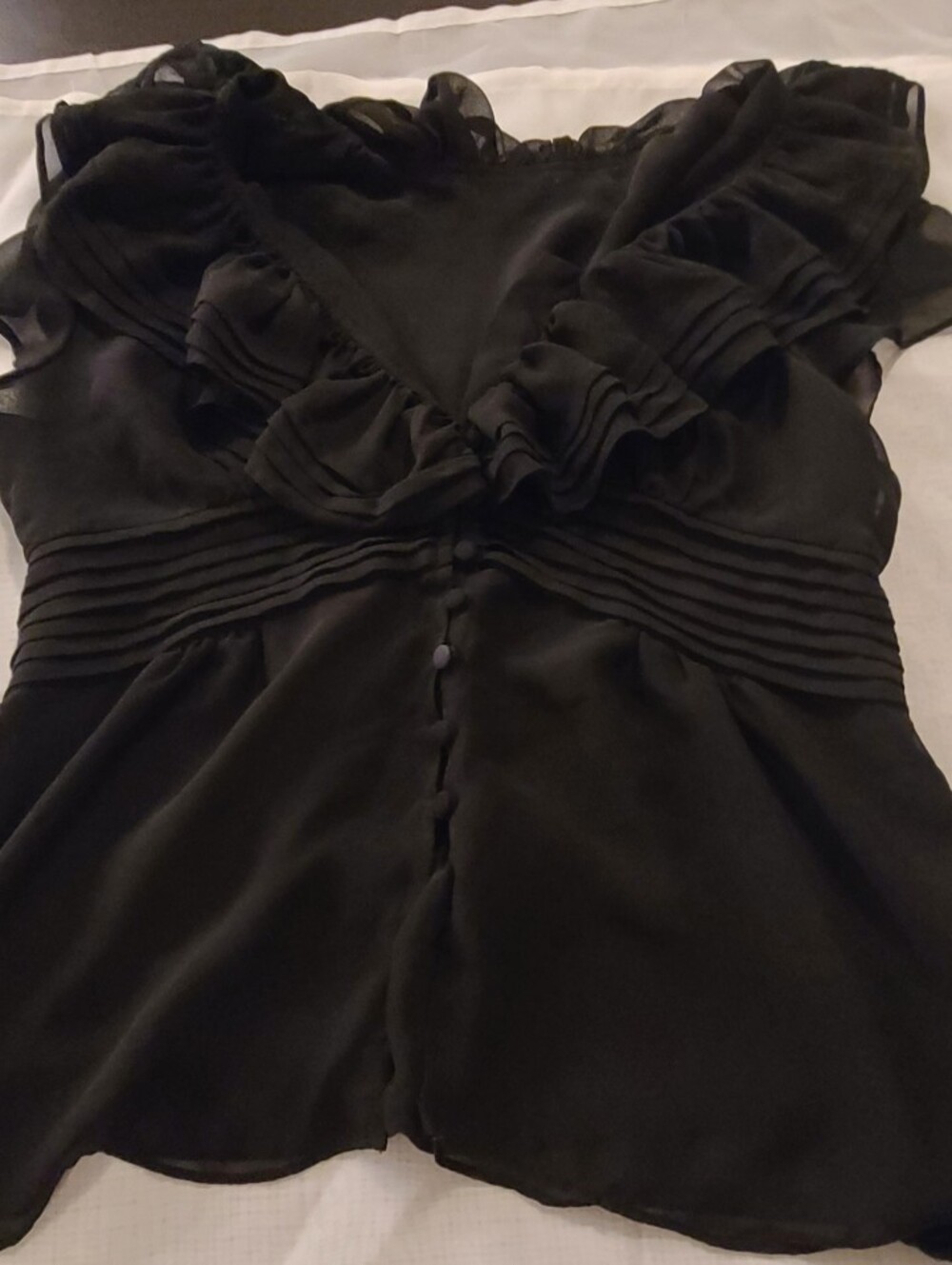 Black Ruffled Button Up Sheer Top, Small - Picture 2 of 5